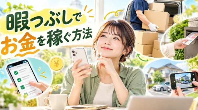 スマホを持つ女性を中心に、アンケート回答・引っ越しバイト・ポスティング・近所の写真撮影など、暇な時間にお金を稼ぐ方法を紹介するアイキャッチ画像