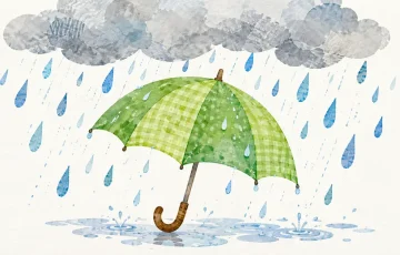灰色の雨雲から青い雨が降り、緑色の傘が開いている水彩イラスト