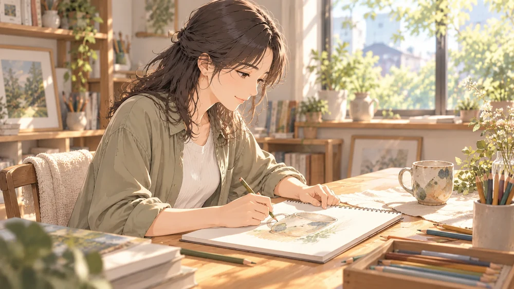 自宅の机で色鉛筆を使って絵を描く女性