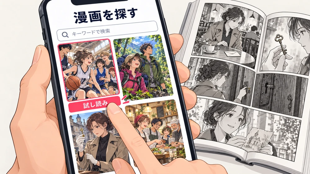 スマホでスポーツや冒険、ミステリーなどの漫画を見比べ、試し読みを選ぶ手元