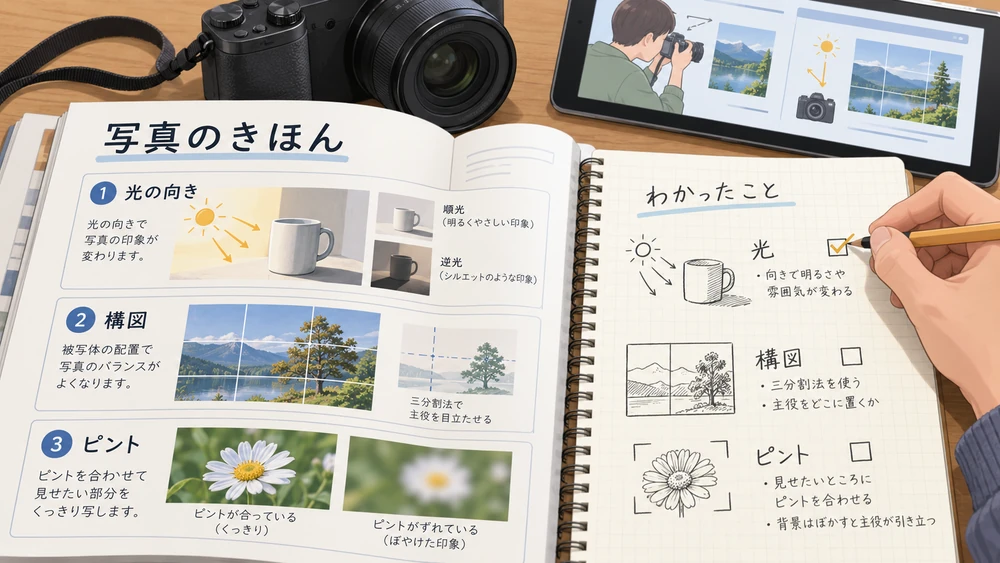 写真の撮り方を本で学び、光・構図・ピントについてノートにまとめる手元