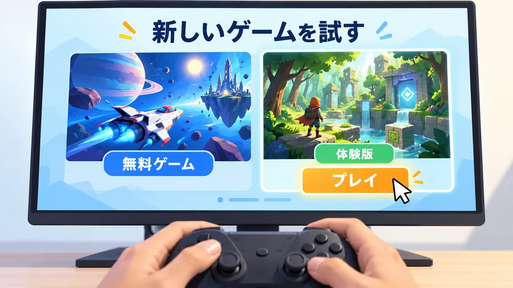パソコンで無料ゲームや体験版を選び、コントローラーを持って遊び始める手元