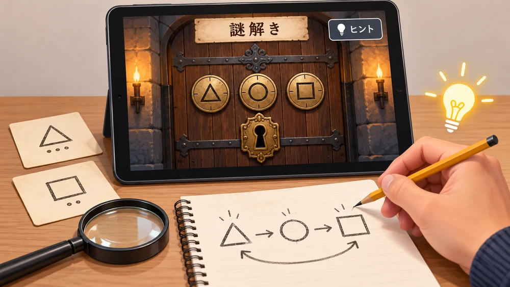 タブレットの扉の仕掛けを見ながら、図形のヒントをノートで考える手元