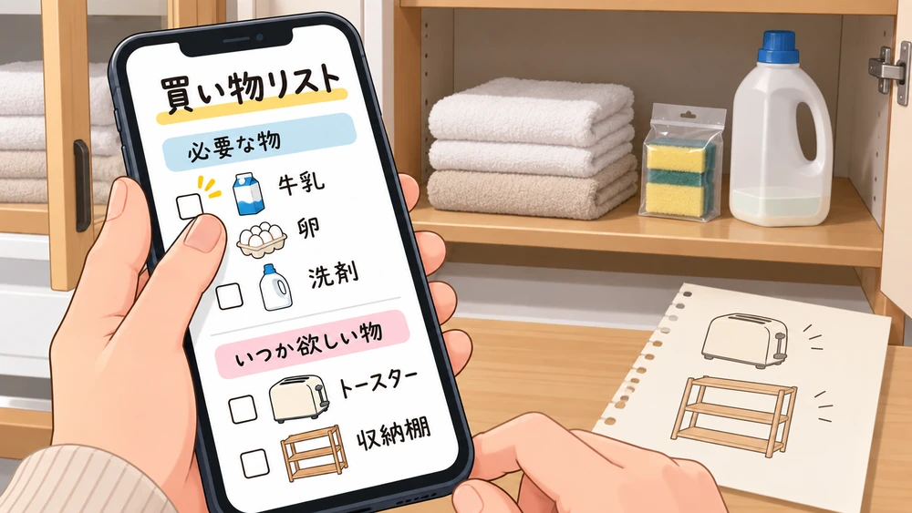スマホで必要な物といつか欲しい物を分けて買い物リストを作る様子