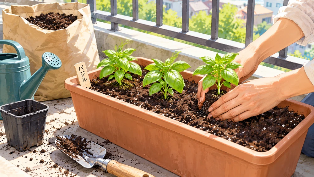 プランターにバジルの苗を植えている手元
