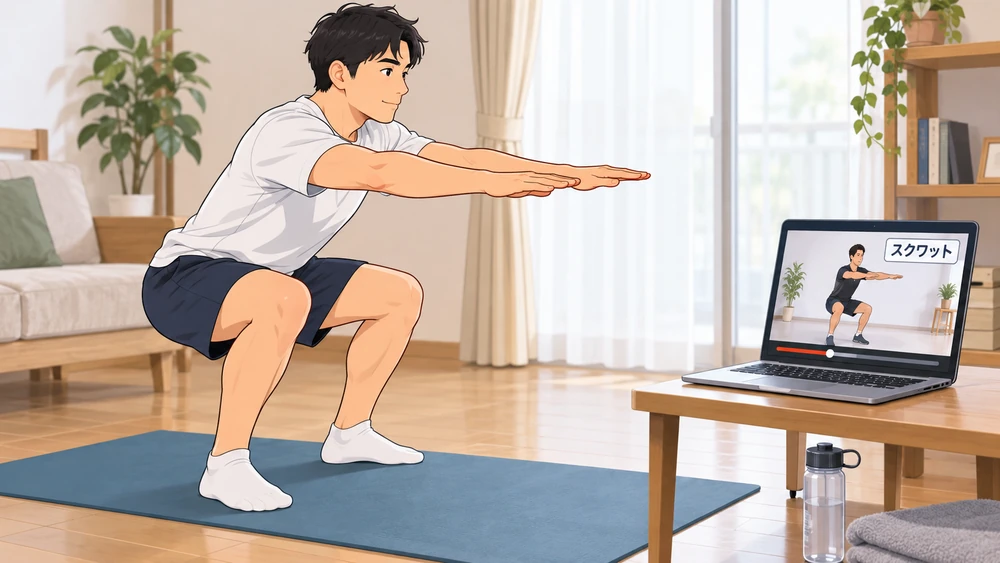 自宅でパソコンの筋トレ動画を見ながらスクワットをする様子