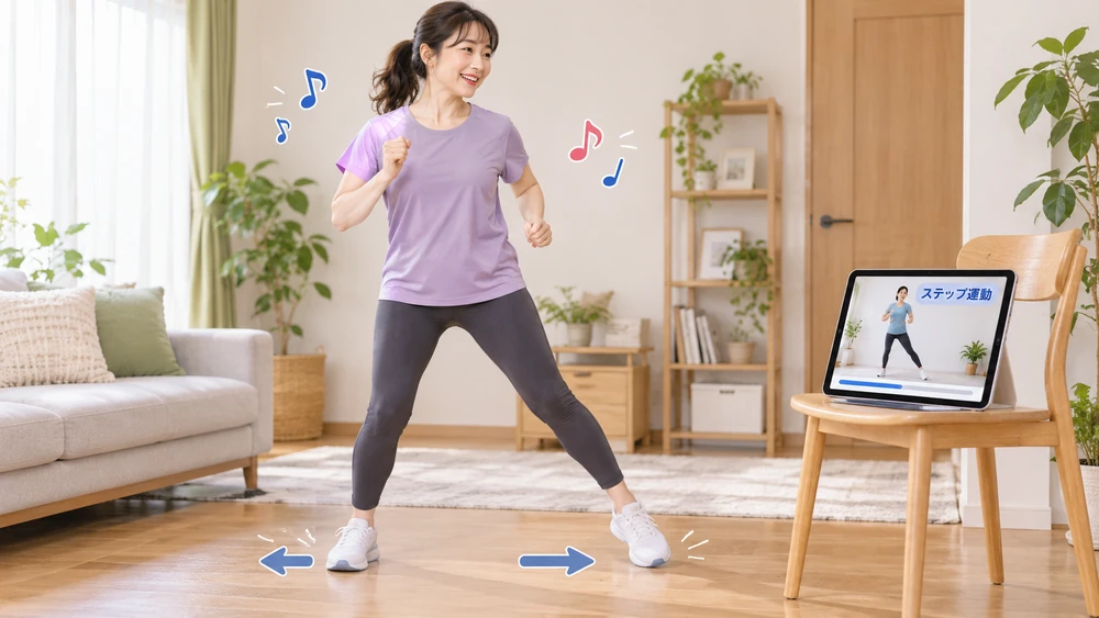 自宅でタブレットの運動動画を見ながらステップ運動をする様子