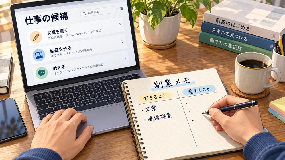 副業の候補をパソコンで調べ、できることと覚えることをノートに整理する手元