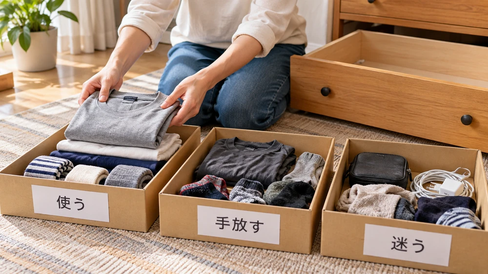 引き出しの物を「使う」「手放す」「迷う」の3つの箱に仕分ける様子