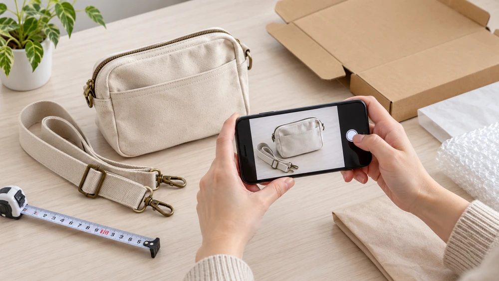 出品するバッグと付属のストラップをスマホで撮影する手元