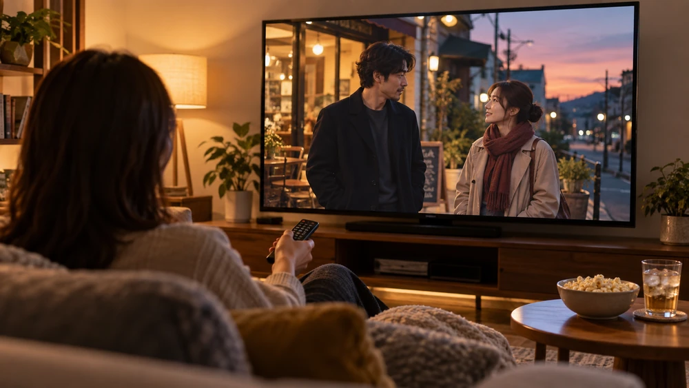 ソファに座り、テレビで映画やドラマを楽しむ様子