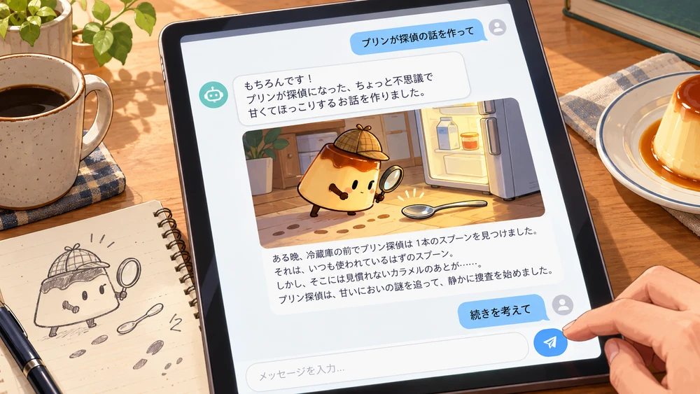 生成AIにプリンが探偵になる物語を作ってもらい、続きを考える様子