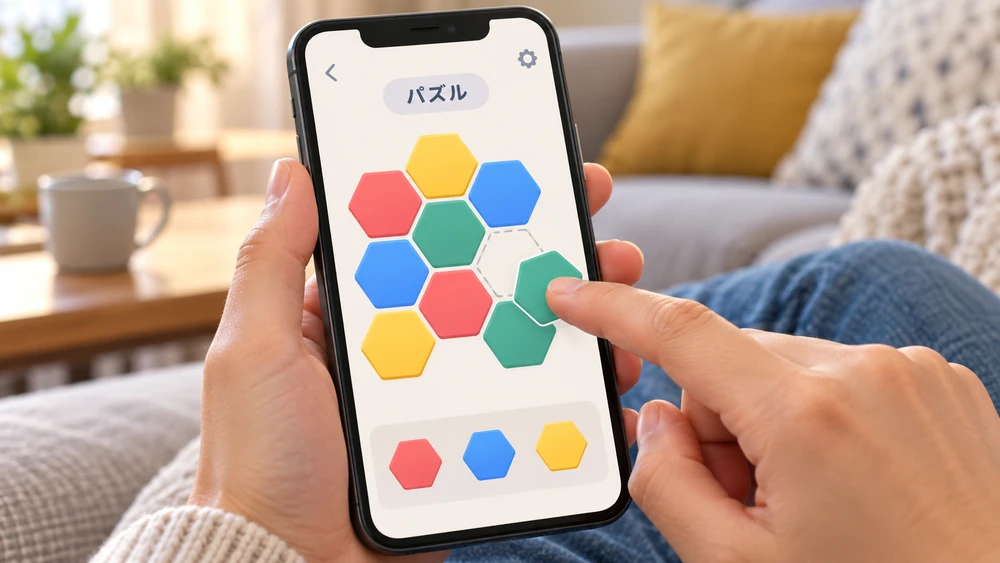 スマホで色のついたパズルのピースを動かして遊ぶ手元