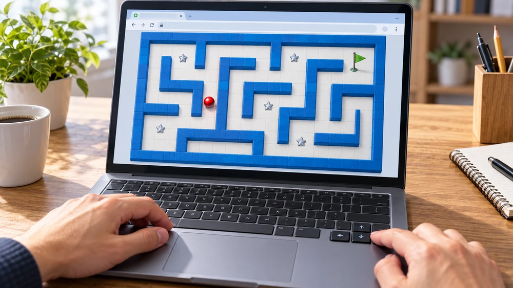 パソコンのブラウザで迷路ゲームを矢印キーで操作する様子
