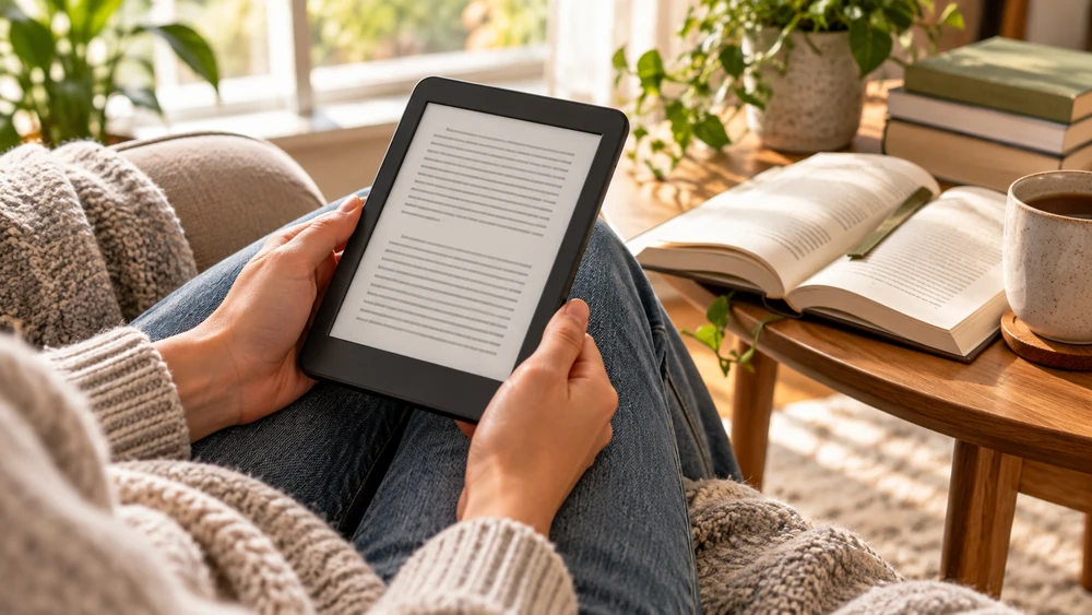 窓辺で電子書籍を読んでいる手元と、そばに置かれた紙の本