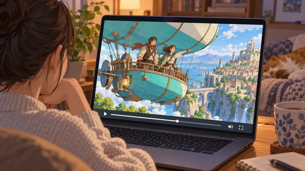 自宅のパソコンで冒険もののアニメを楽しむ様子