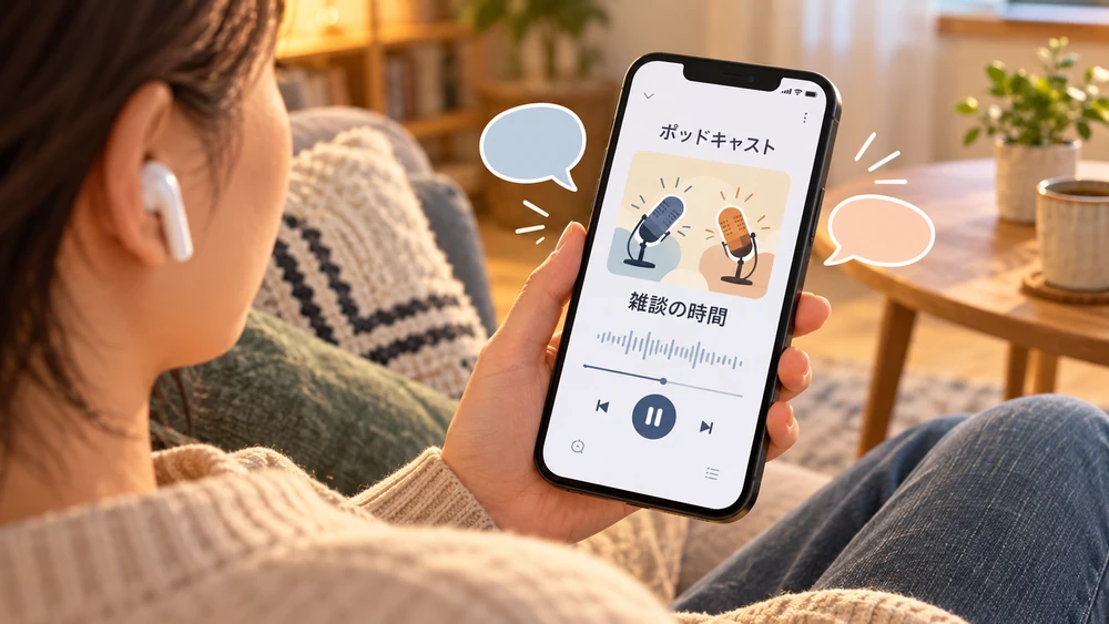 ソファでイヤホンを着け、スマホのポッドキャストを聴く様子