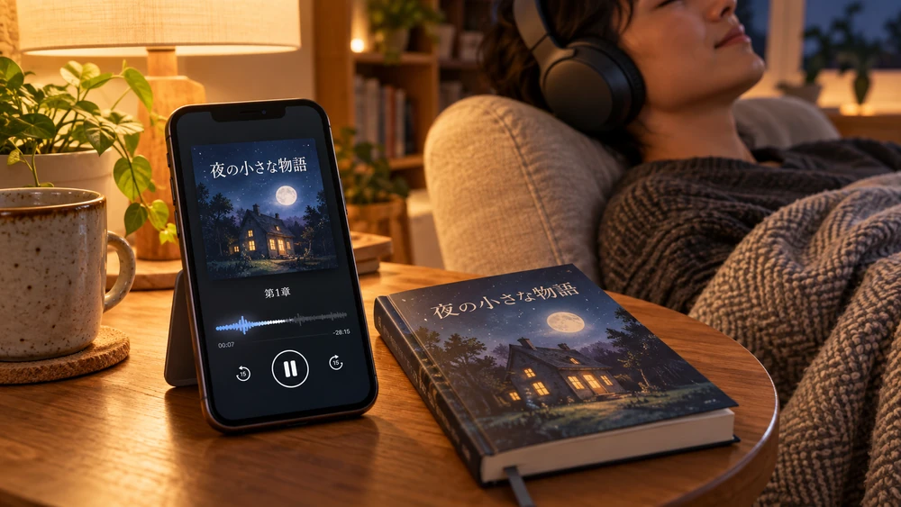 ヘッドホンで本の朗読を聴く様子と、章を表示したスマホの再生画面