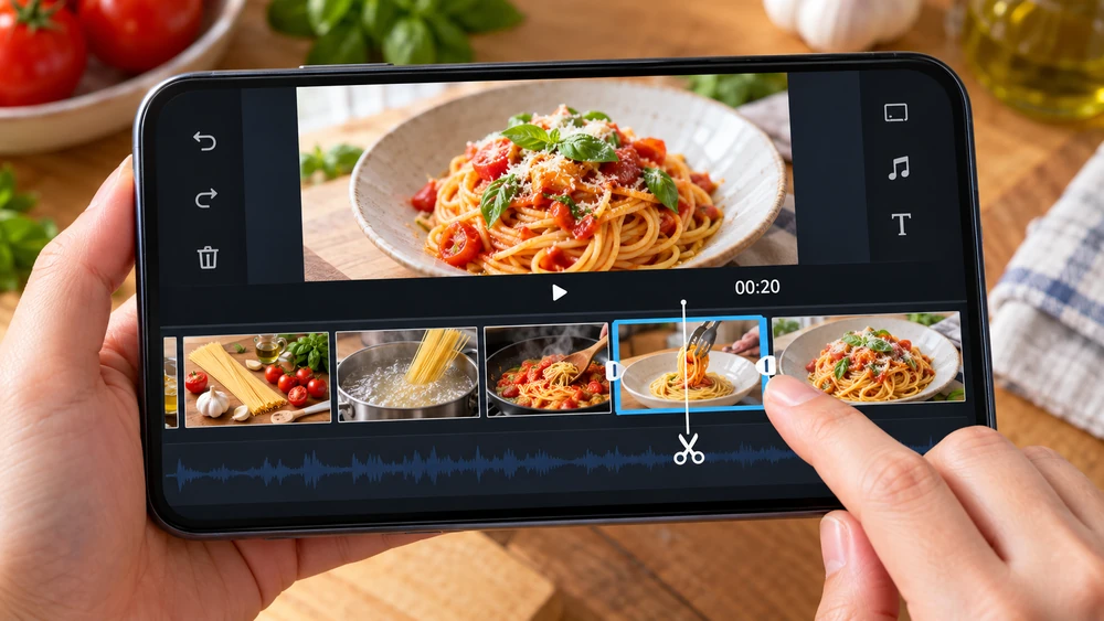 スマホの動画編集画面で料理の写真を並べ、短い動画にまとめる手元
