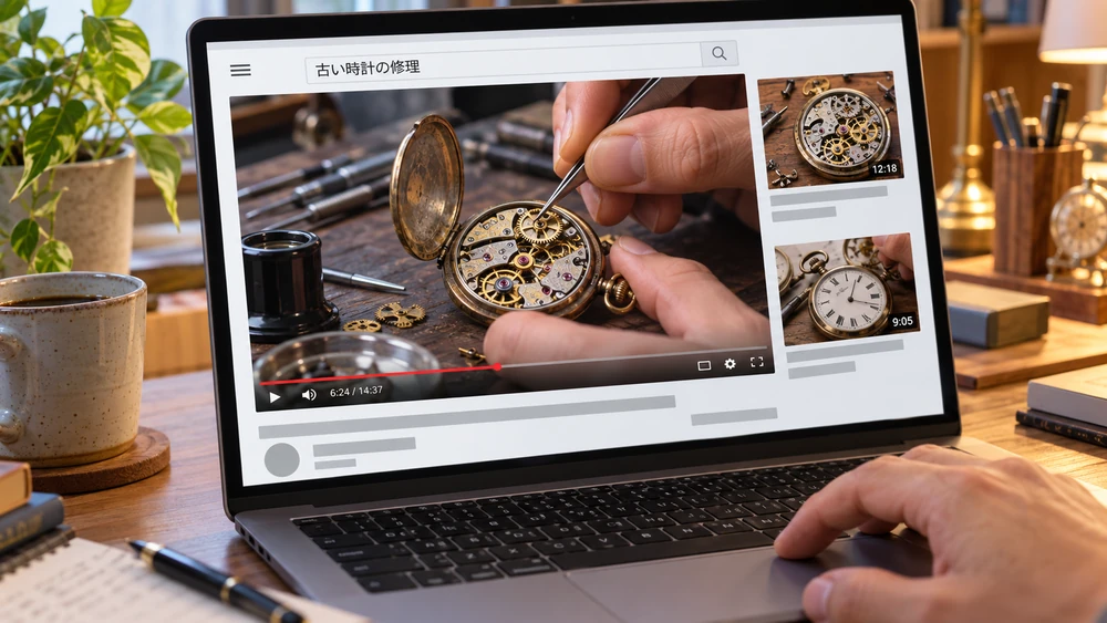 パソコンで古い時計の修理動画を検索して見ている様子