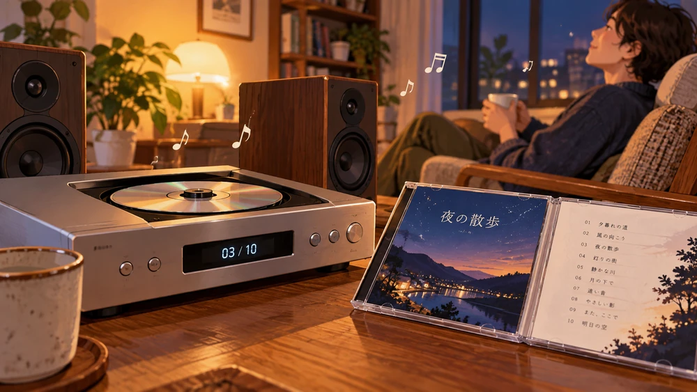 CDプレーヤーでアルバムを流し、ゆったり音楽を聴く様子