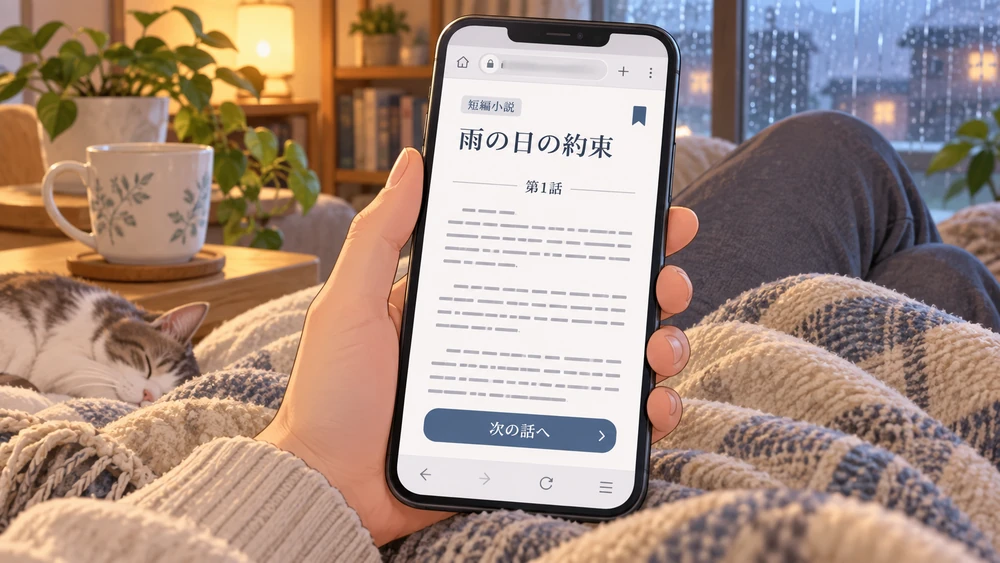 スマホのブラウザでWeb小説を読んでいる手元