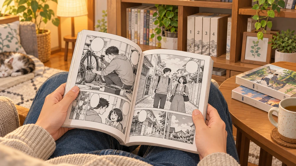 自宅で紙の漫画を開いて読み返している手元