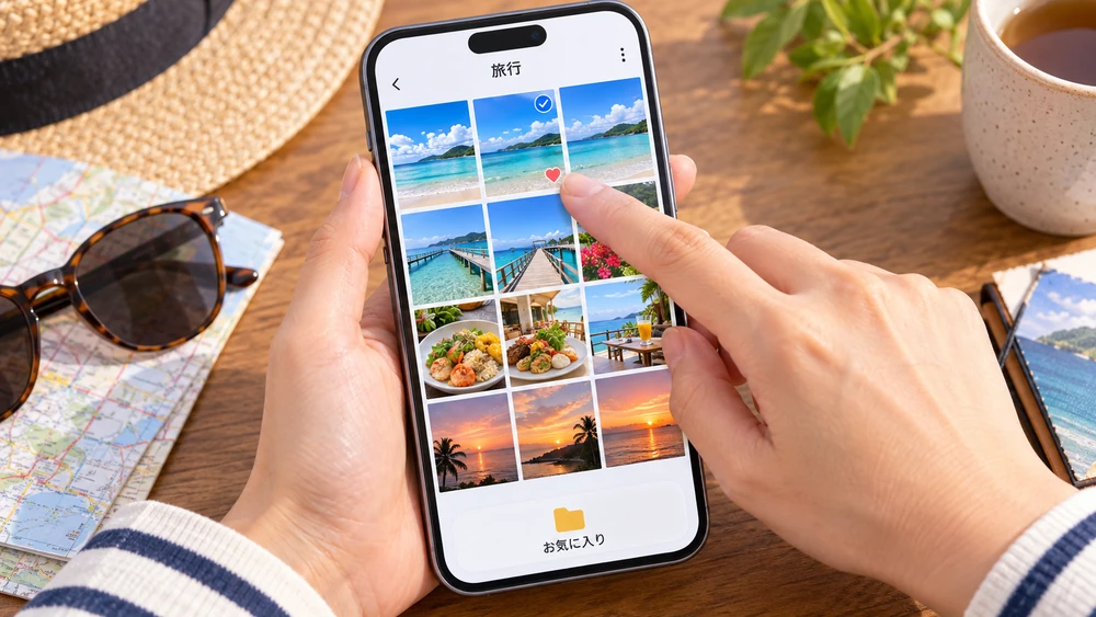スマホに並ぶ旅行写真を見比べ、お気に入りを選ぶ手元