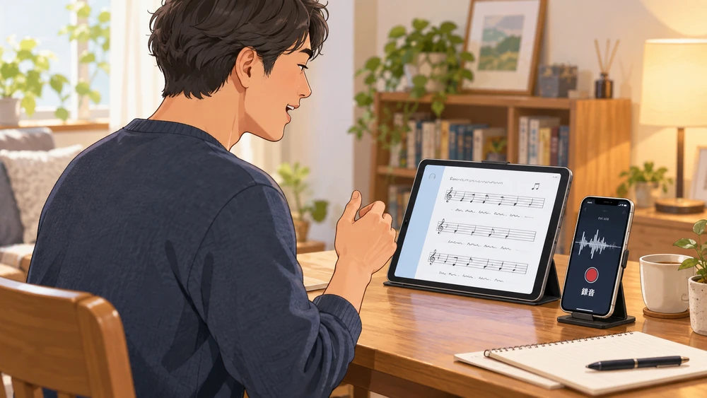スマホで録音しながら、自宅で歌を練習する様子
