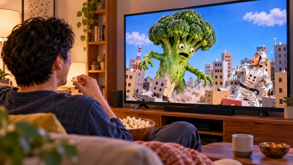 ソファでおやつを食べながら、コミカルな怪獣映画を楽しむ様子