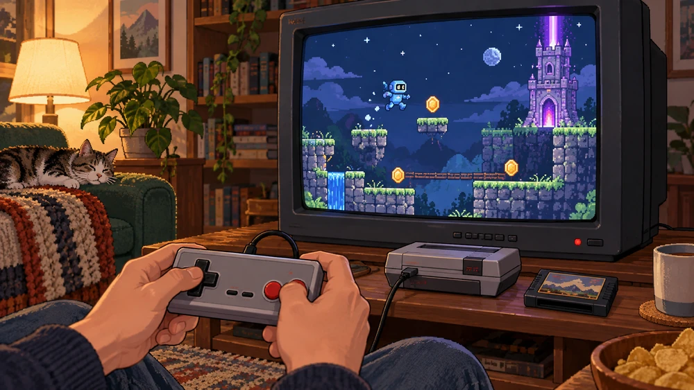 古いゲーム機とブラウン管テレビでドット絵のゲームを遊ぶ手元