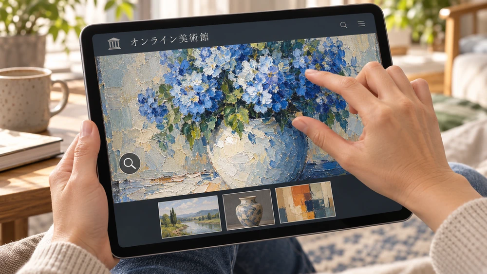 タブレットのオンライン美術館で花の絵を拡大して見る手元