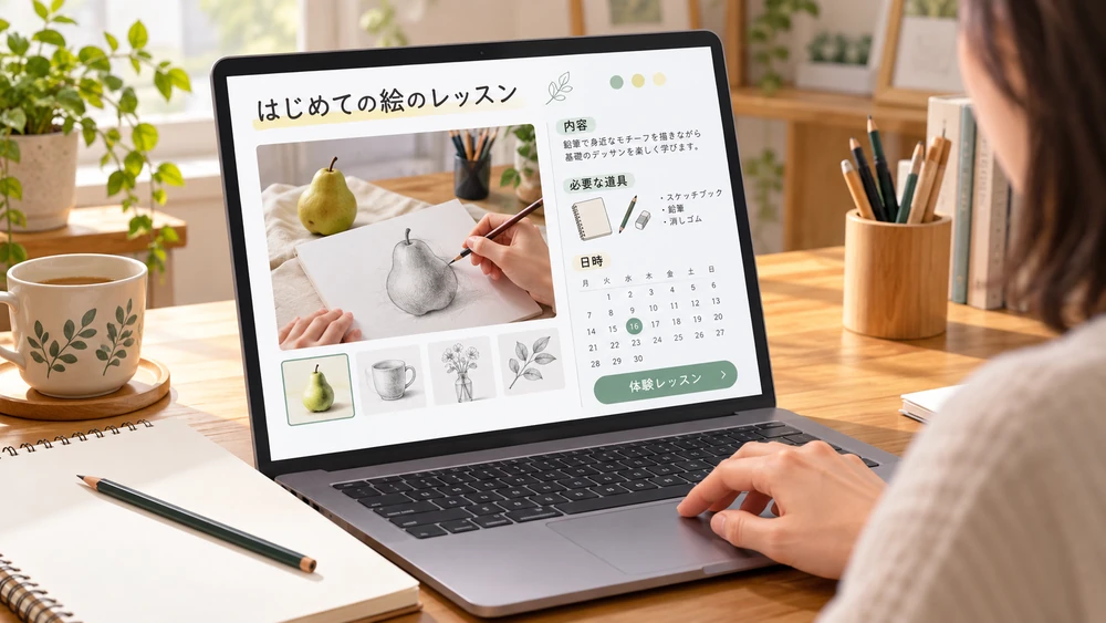 パソコンで自宅から受けられる絵のレッスンの内容や日時を調べる様子