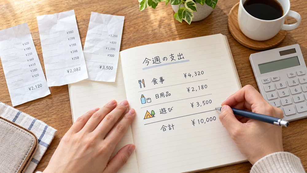 レシートを見ながら、食事・日用品・遊びの支出をノートにまとめる手元