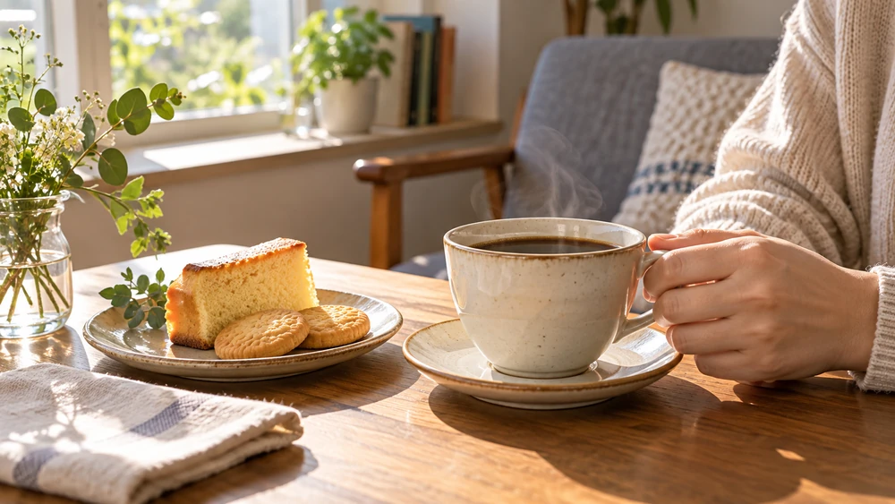 自宅の机にコーヒーとお菓子を並べ、くつろぐ様子