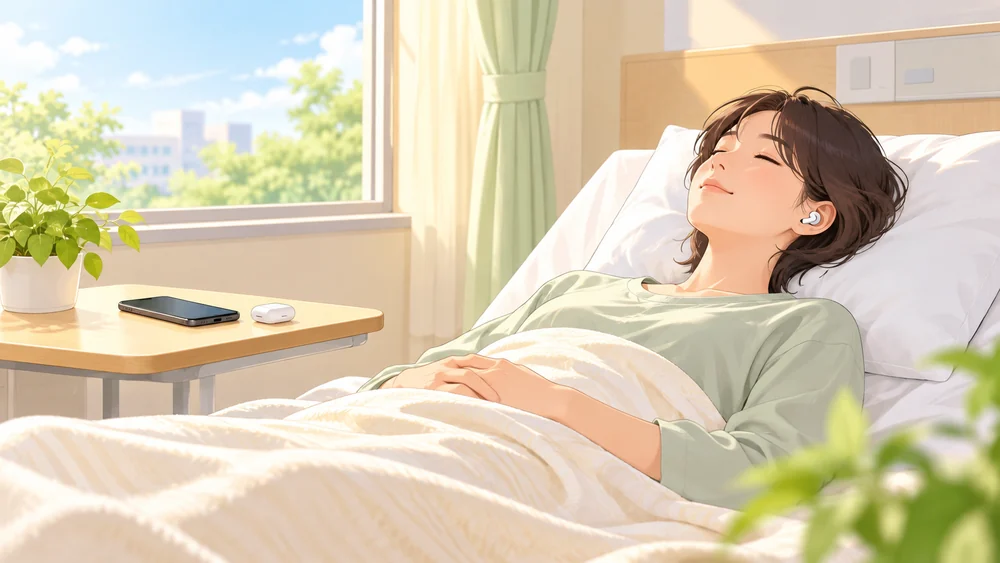 入院中にベッドでイヤホンをつけて音声を聴く人物のイラスト。枕元にスマホが置かれている