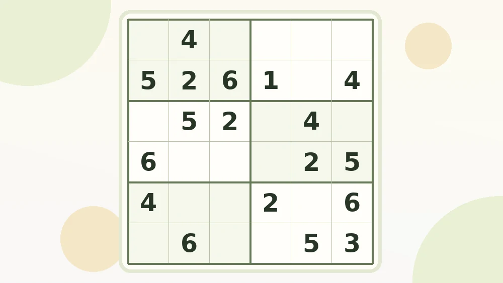 暇つぶし部オリジナルの6×6ミニナンプレ問題。数字1〜6を縦横と2×3の枠に一度ずつ入れるパズル